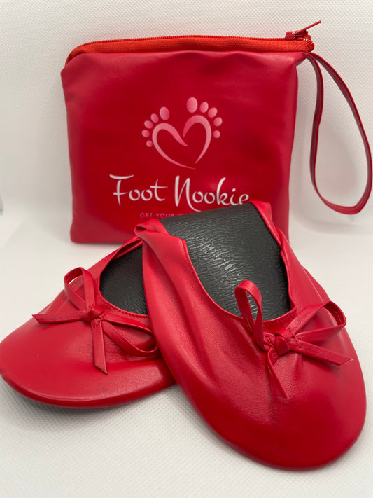 Foldable Ballet Slippers and Matching Bag - Red (Plain)