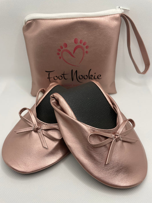 Foldable Ballet Slippers and Matching Bag - Rose Gold