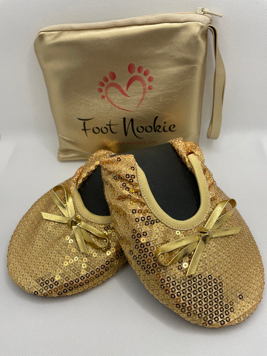 Foldable Ballet Slippers and Matching Bag - Gold Sequined