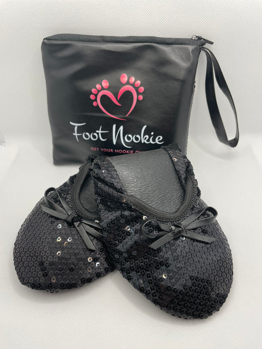 Foldable Ballet Slippers and Matching Bag - Black Sequined