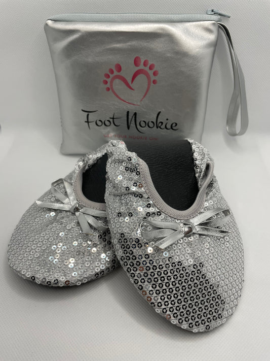 Foldable Ballet Slippers and Matching Bag - Silver Sequined